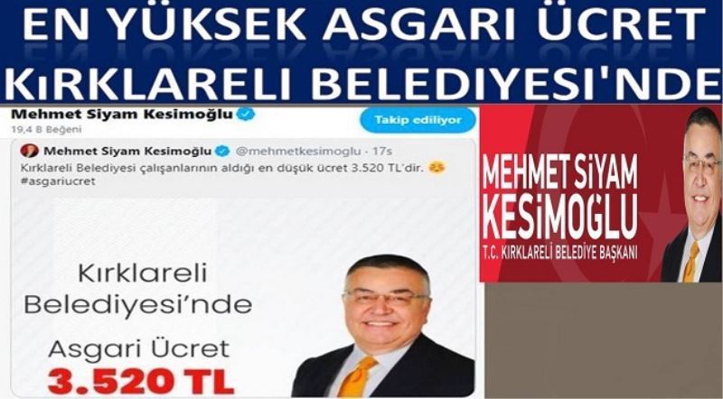 En Yüksek Asgari Ücret Kırklareli Belediyesi